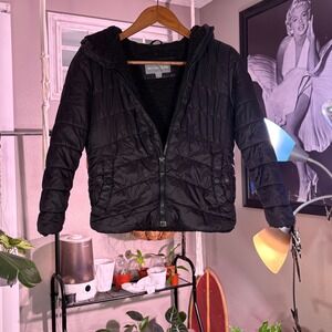 Michael Kors Puffer Jacket Girls Size 8 Black Excellent Sherpa Lined Hooded